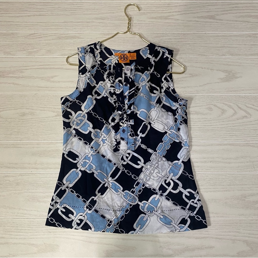 Tory Burch Navy Blue Light Blue White Chain Print Sleeveless Tank